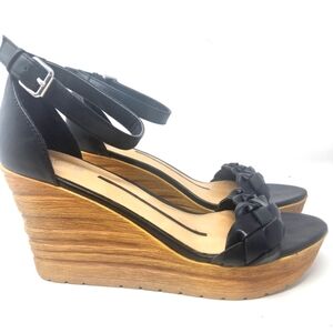 New DIRECTIONS Platform PEEP Toe SANDLES Black Braided Front 4" Wedge Sz 9